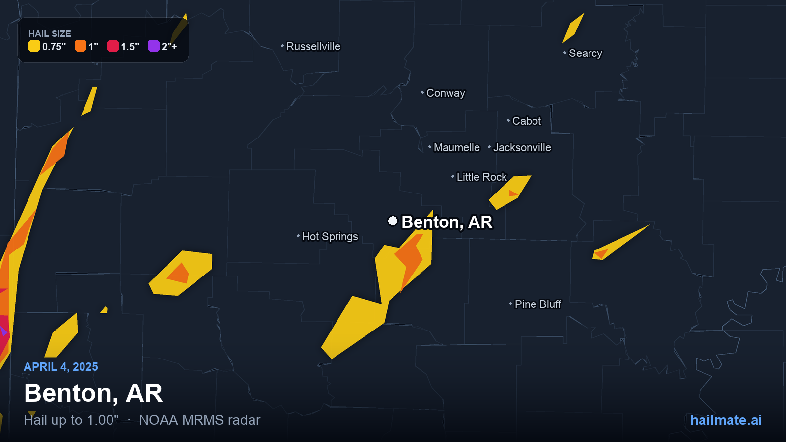Hail swath map for Benton, AR on April 4, 2025 showing 1.00 inch hail.
