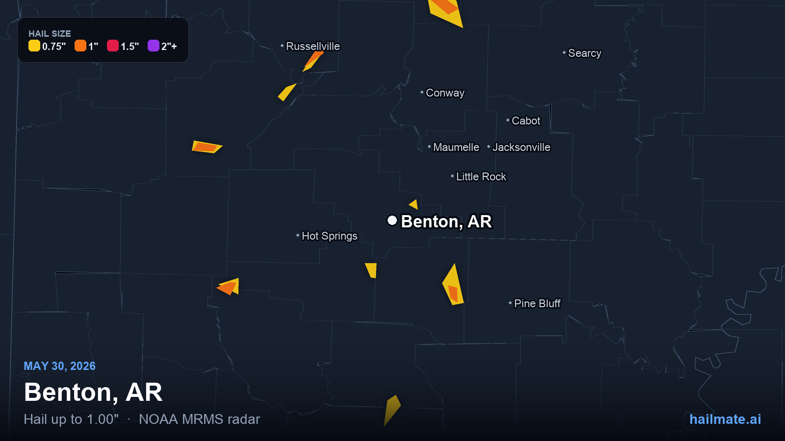 Hail swath map for Benton, AR on May 30, 2026 showing 1.00 inch hail.