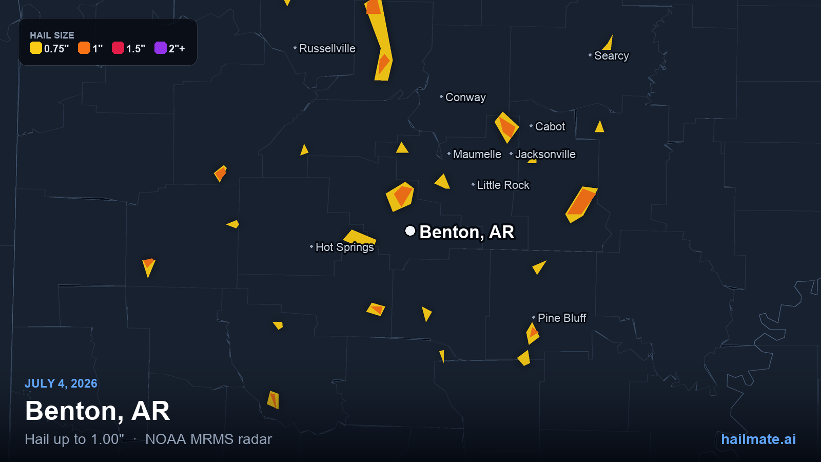 Hail swath map for Benton, AR on July 4, 2026 showing 1.00 inch hail.