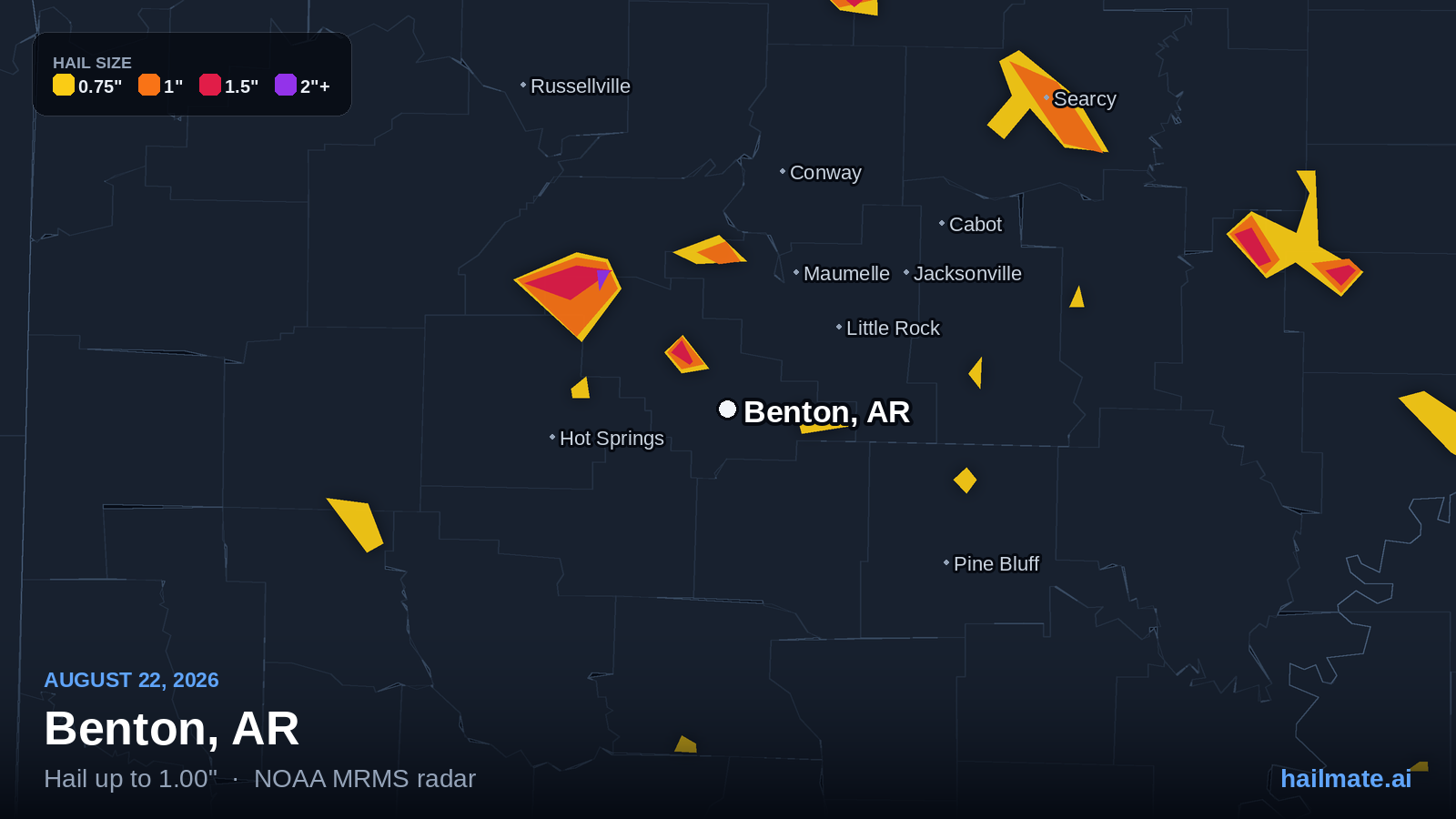 Hail swath map for Benton, AR on August 22, 2026 showing 1.00 inch hail.