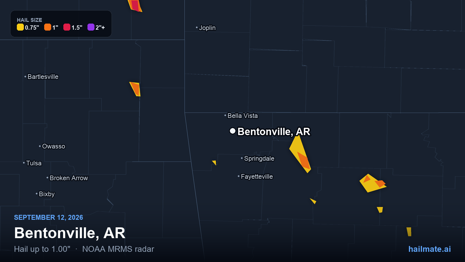 Hail swath map for Bentonville, AR on September 12, 2026 showing 1.00 inch hail.