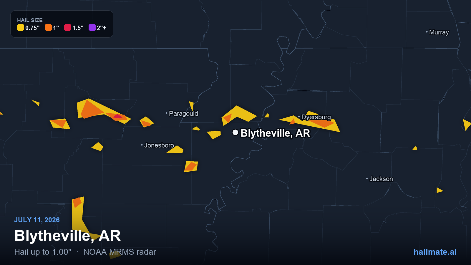 Hail swath map for Blytheville, AR on July 11, 2026 showing 1.00 inch hail.