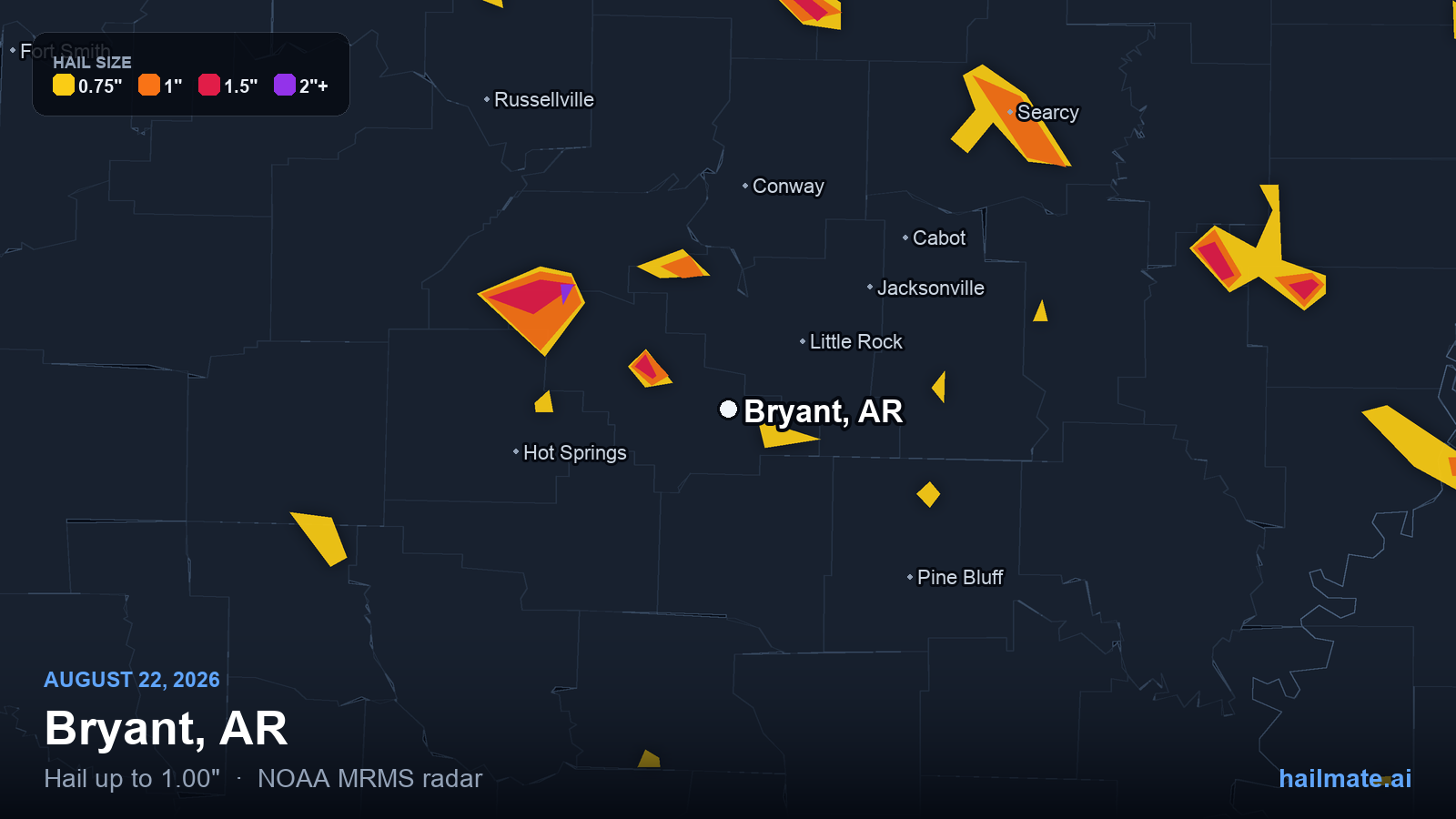 Hail swath map for Bryant, AR on August 22, 2026 showing 1.00 inch hail.