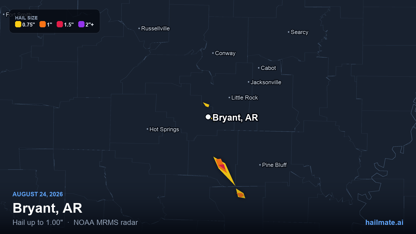 Hail swath map for Bryant, AR on August 24, 2026 showing 1.00 inch hail.