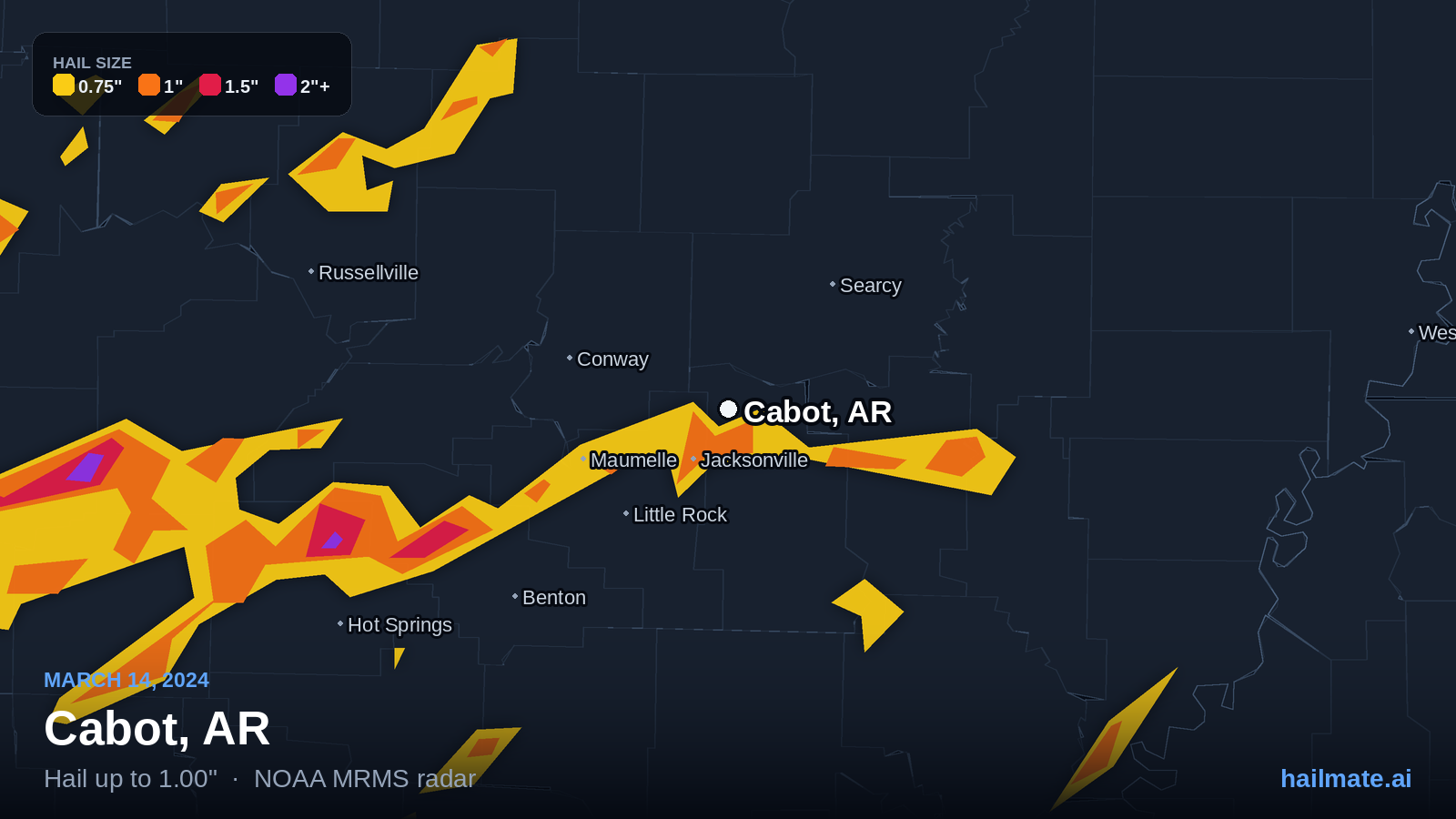 Hail swath map for Cabot, AR on March 14, 2024 showing 1.00 inch hail.