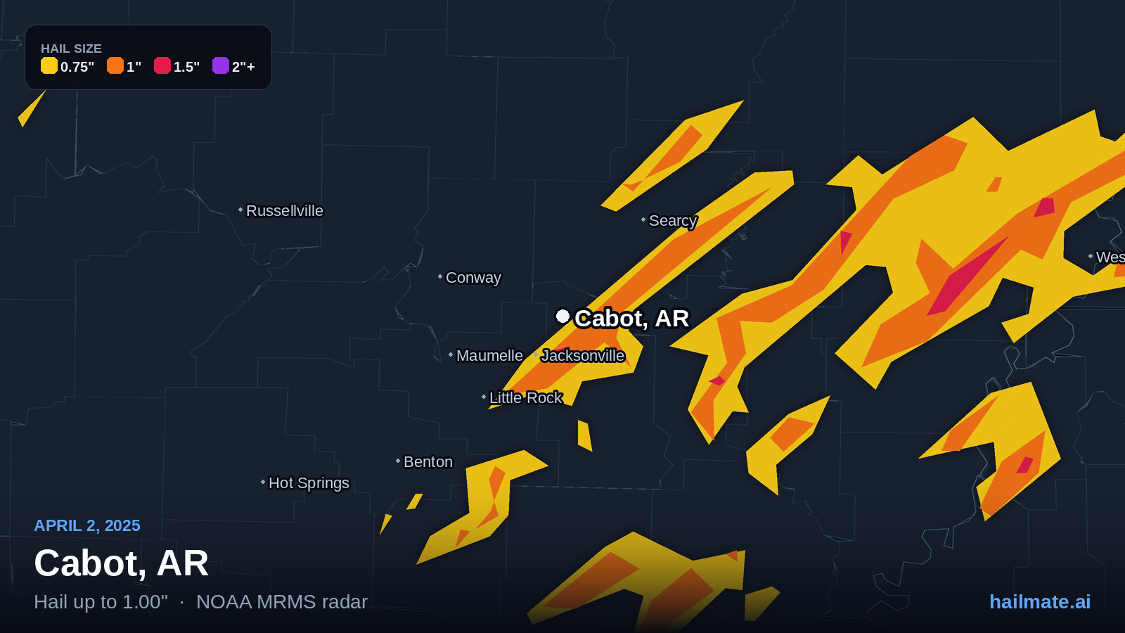 Hail swath map for Cabot, AR on April 2, 2025 showing 1.00 inch hail.