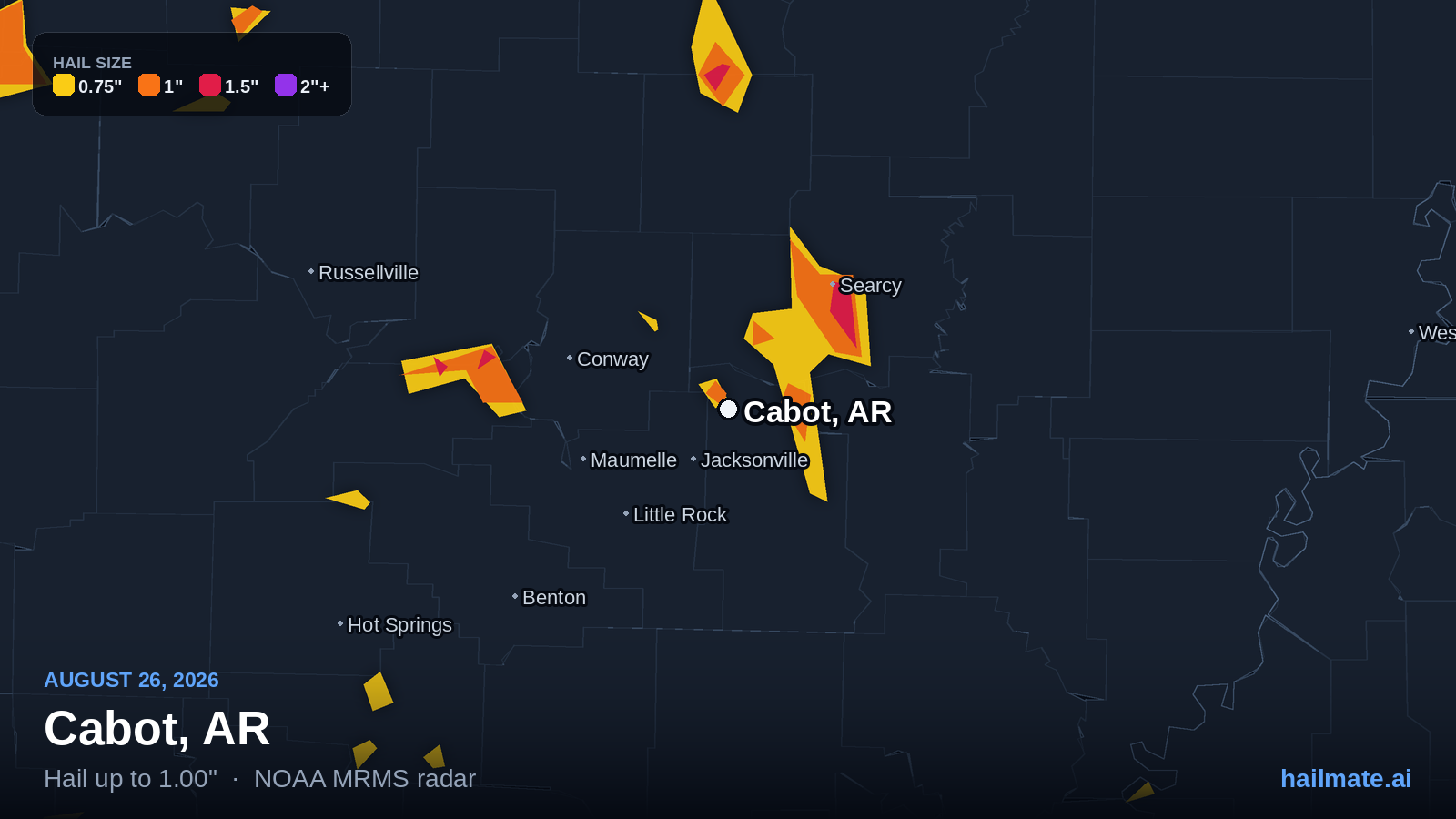 Hail swath map for Cabot, AR on August 26, 2026 showing 1.00 inch hail.