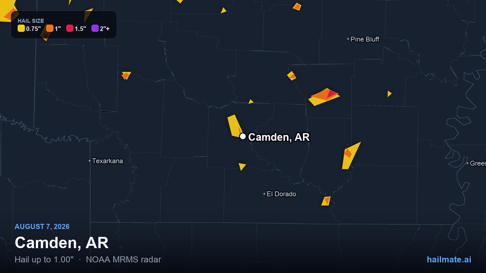 Hail swath map for Camden, AR on August 7, 2026 showing 1.00 inch hail.