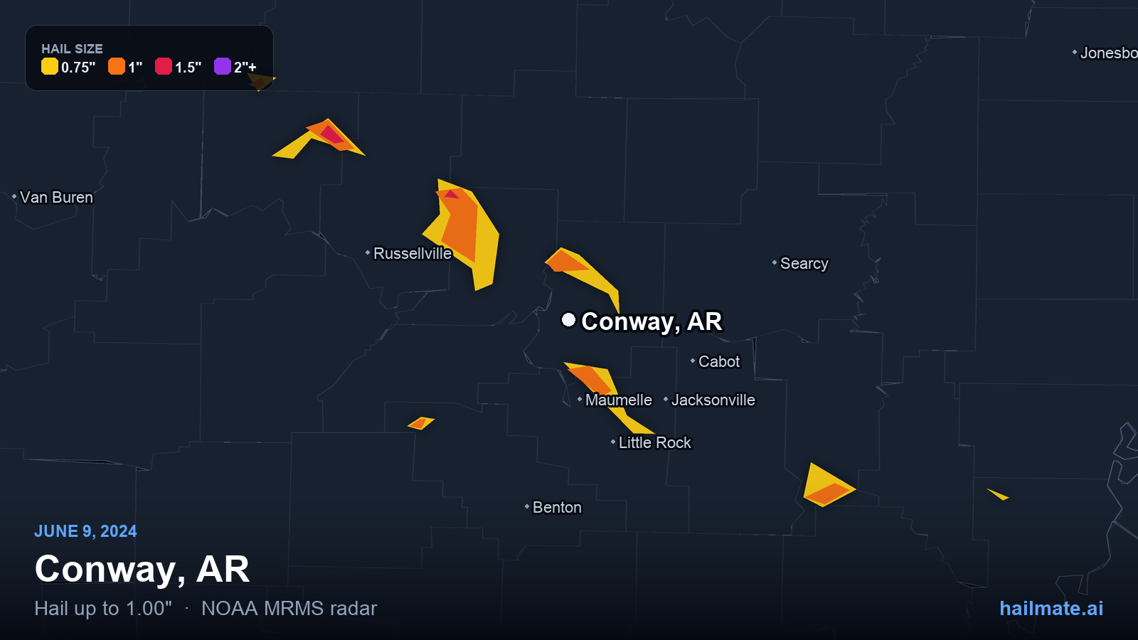 Hail swath map for Conway, AR on June 9, 2024 showing 1.00 inch hail.