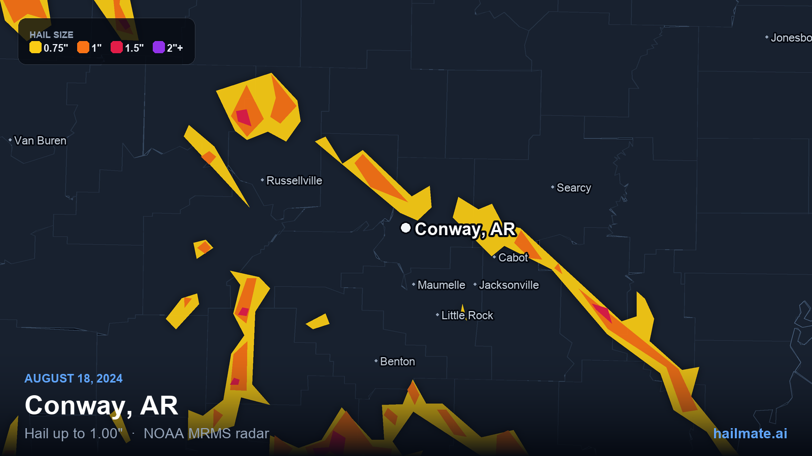 Hail swath map for Conway, AR on August 18, 2024 showing 1.00 inch hail.