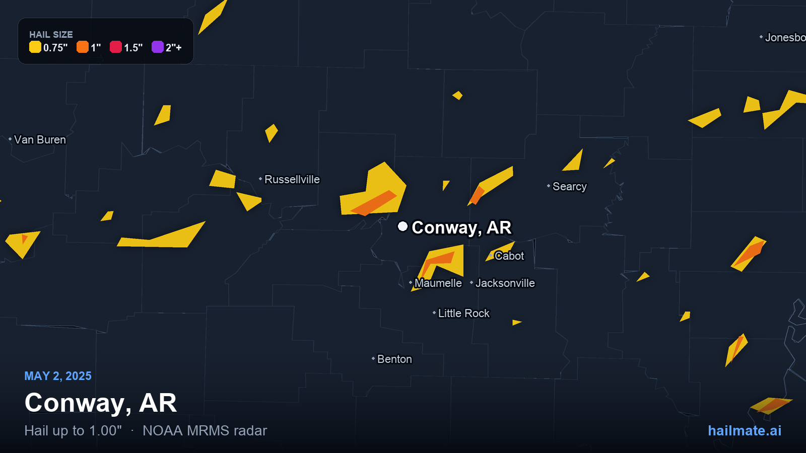 Hail swath map for Conway, AR on May 2, 2025 showing 1.00 inch hail.