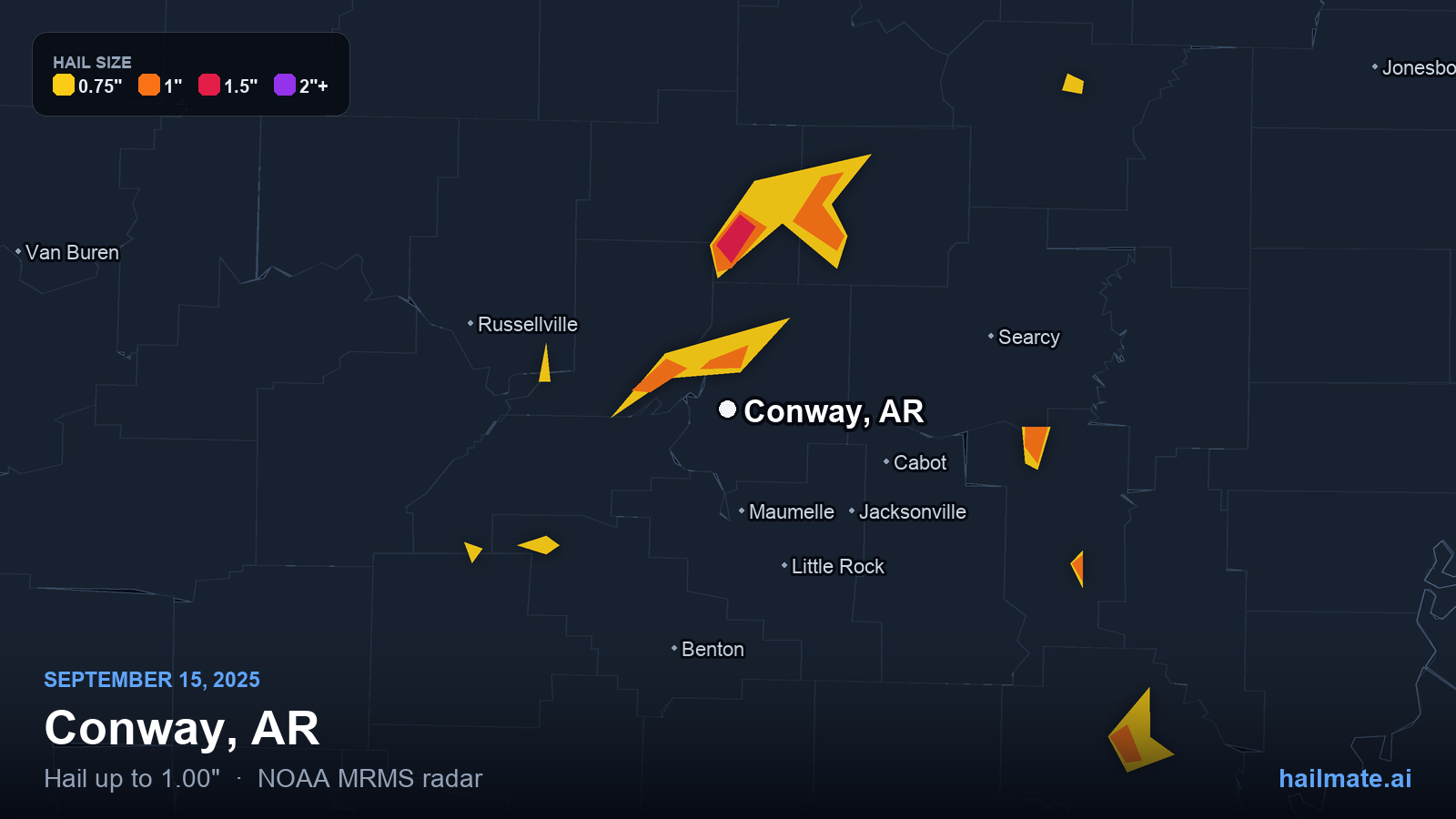 Hail swath map for Conway, AR on September 15, 2025 showing 1.00 inch hail.