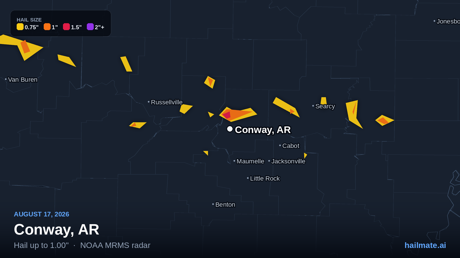Hail swath map showing 1.00 inch hail over Conway, Arkansas on August 17, 2026.