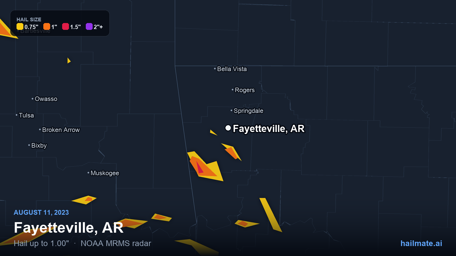 Hail swath map for Fayetteville, AR on August 11, 2023 showing 1.00 inch hail.