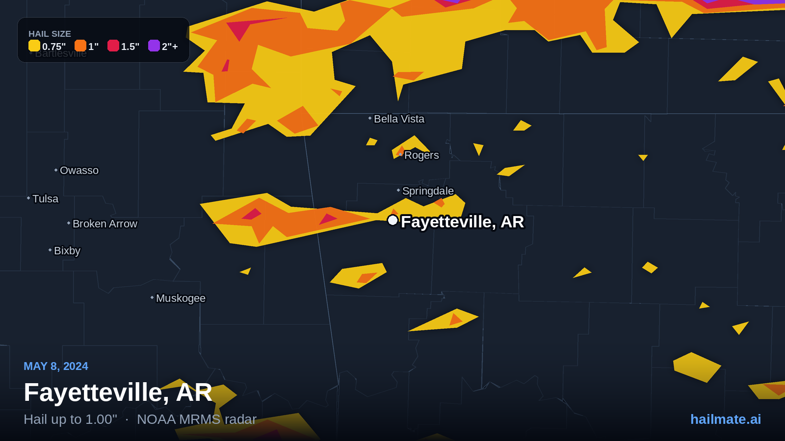 Hail swath map for Fayetteville, AR on May 8, 2024 showing 1.00 inch hail.