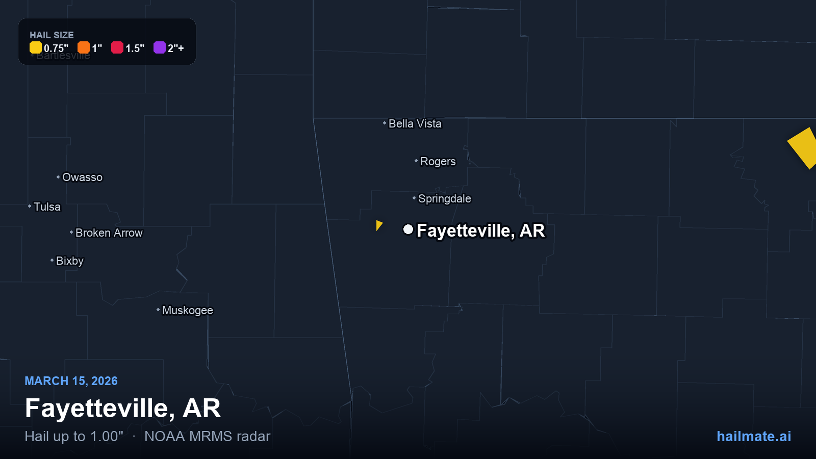 Hail swath map for Fayetteville, AR on March 15, 2026 showing 1.00 inch hail.