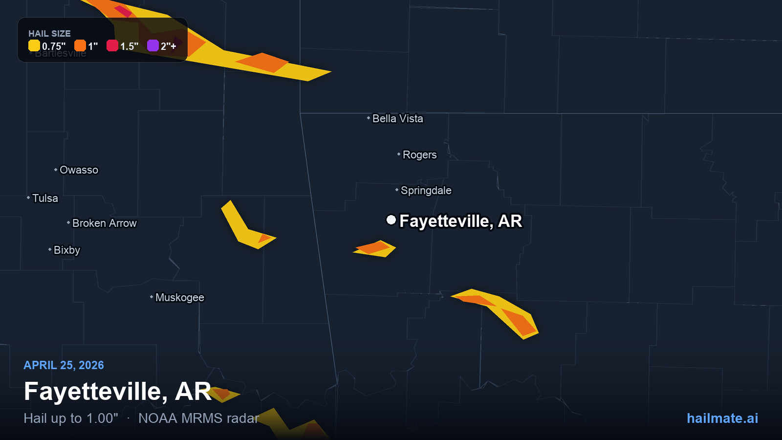Hail swath map for Fayetteville, AR on April 25, 2026 showing 1.00 inch hail.