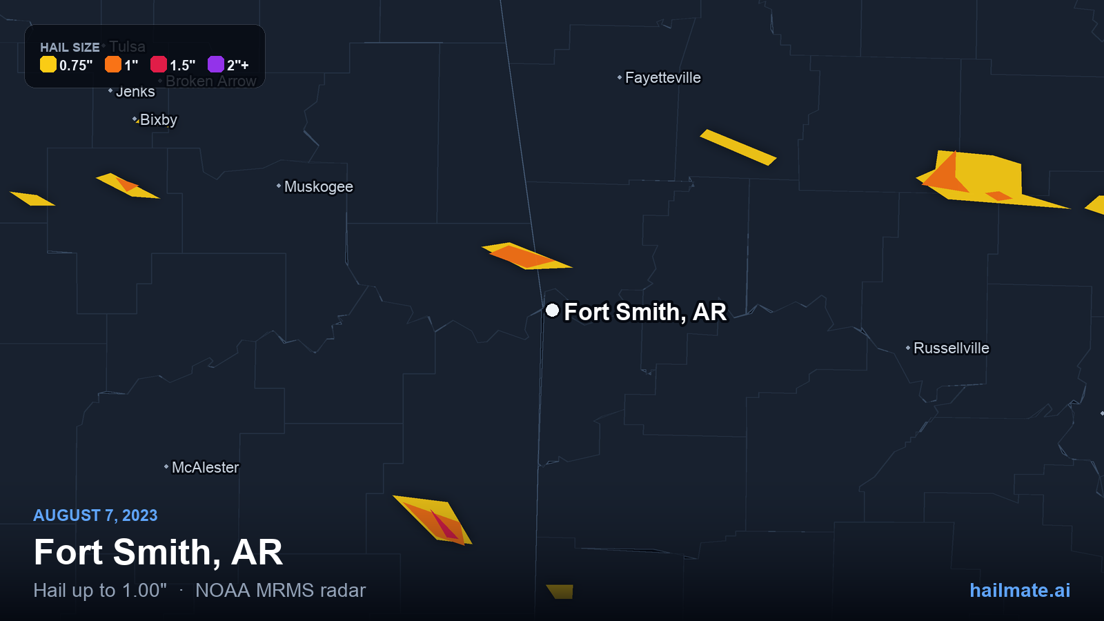 Hail swath map for Fort Smith, AR on August 7, 2023 showing 1.00 inch hail.
