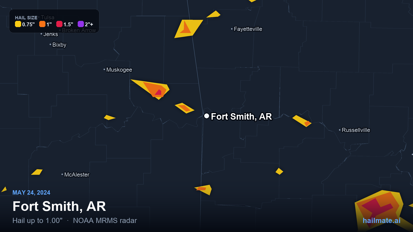 Hail swath map for Fort Smith, AR on May 24, 2024 showing 1.00 inch hail.