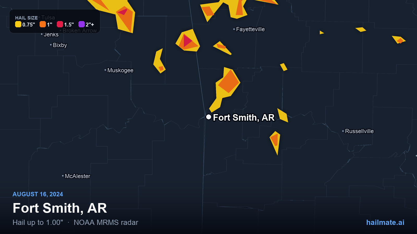 Hail swath map for Fort Smith, AR on August 16, 2024 showing 1.00 inch hail.