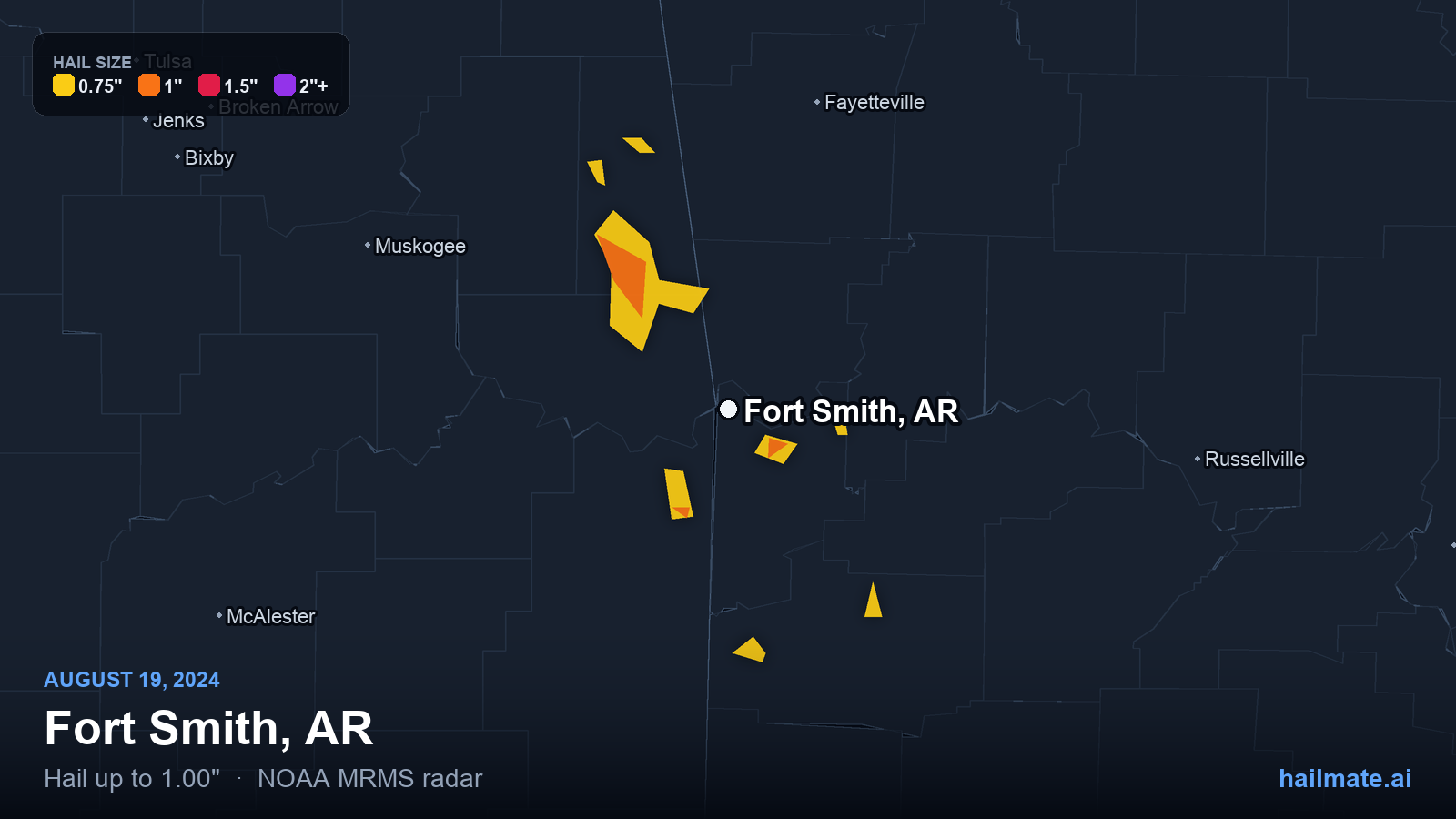 Hail swath map for Fort Smith, AR on August 19, 2024 showing 1.00 inch hail.