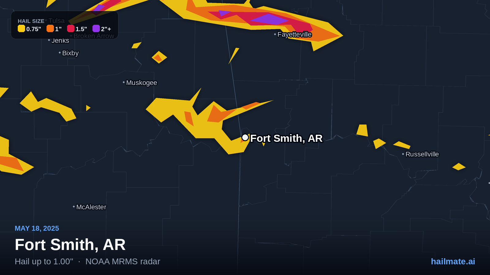 Hail swath map for Fort Smith, AR on May 18, 2025 showing 1.00 inch hail.