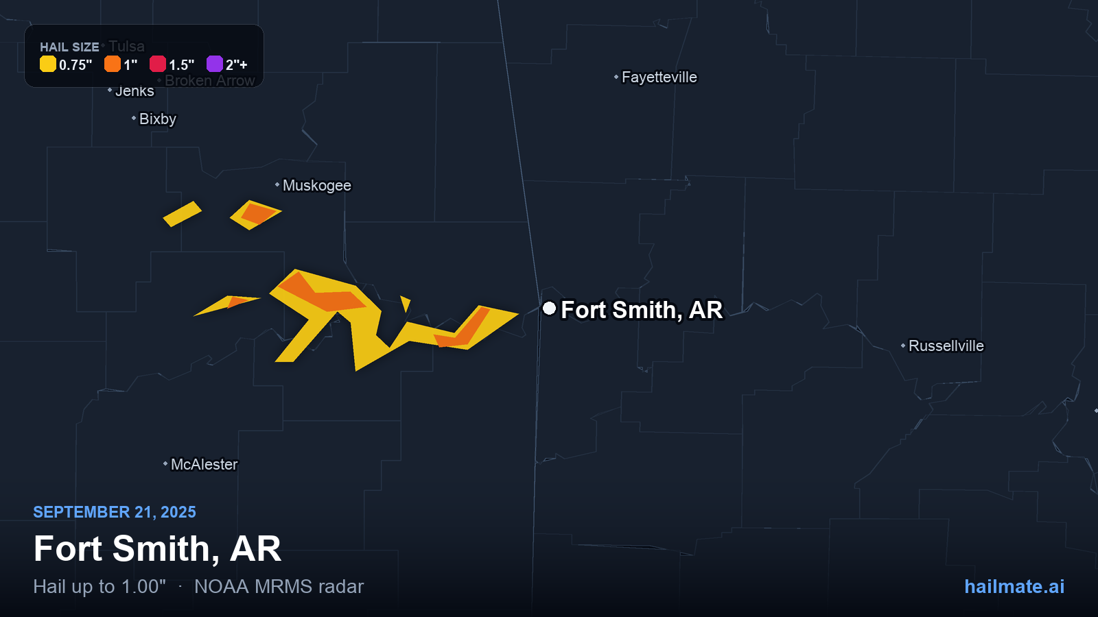 Hail swath map for Fort Smith, AR on September 21, 2025 showing 1.00 inch hail.