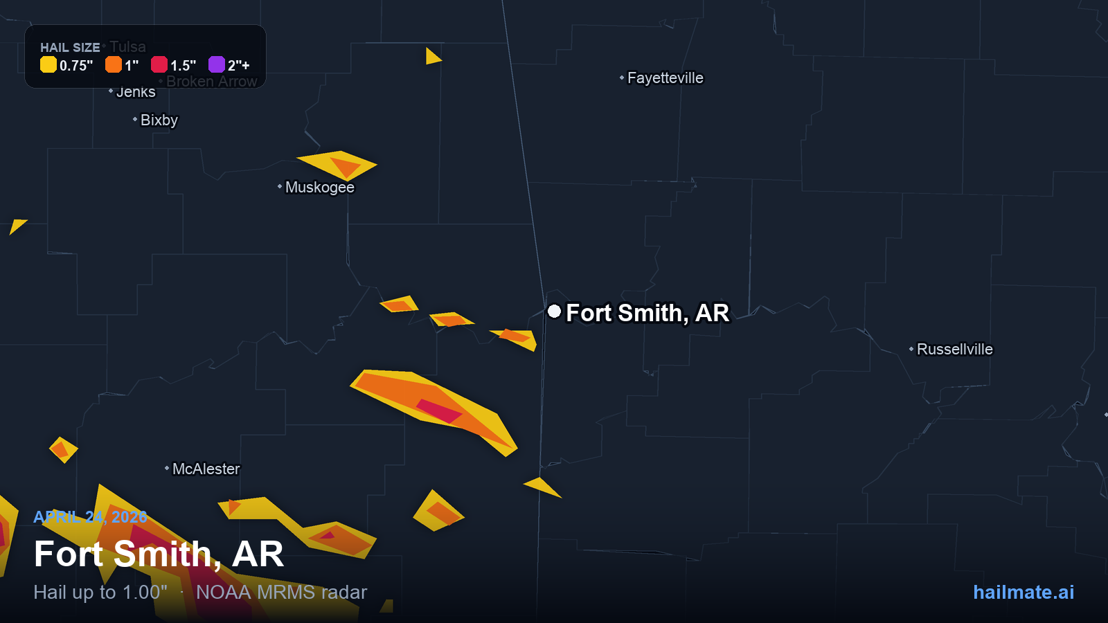 Hail swath map for Fort Smith, AR on April 24, 2026 showing 1.00 inch hail.