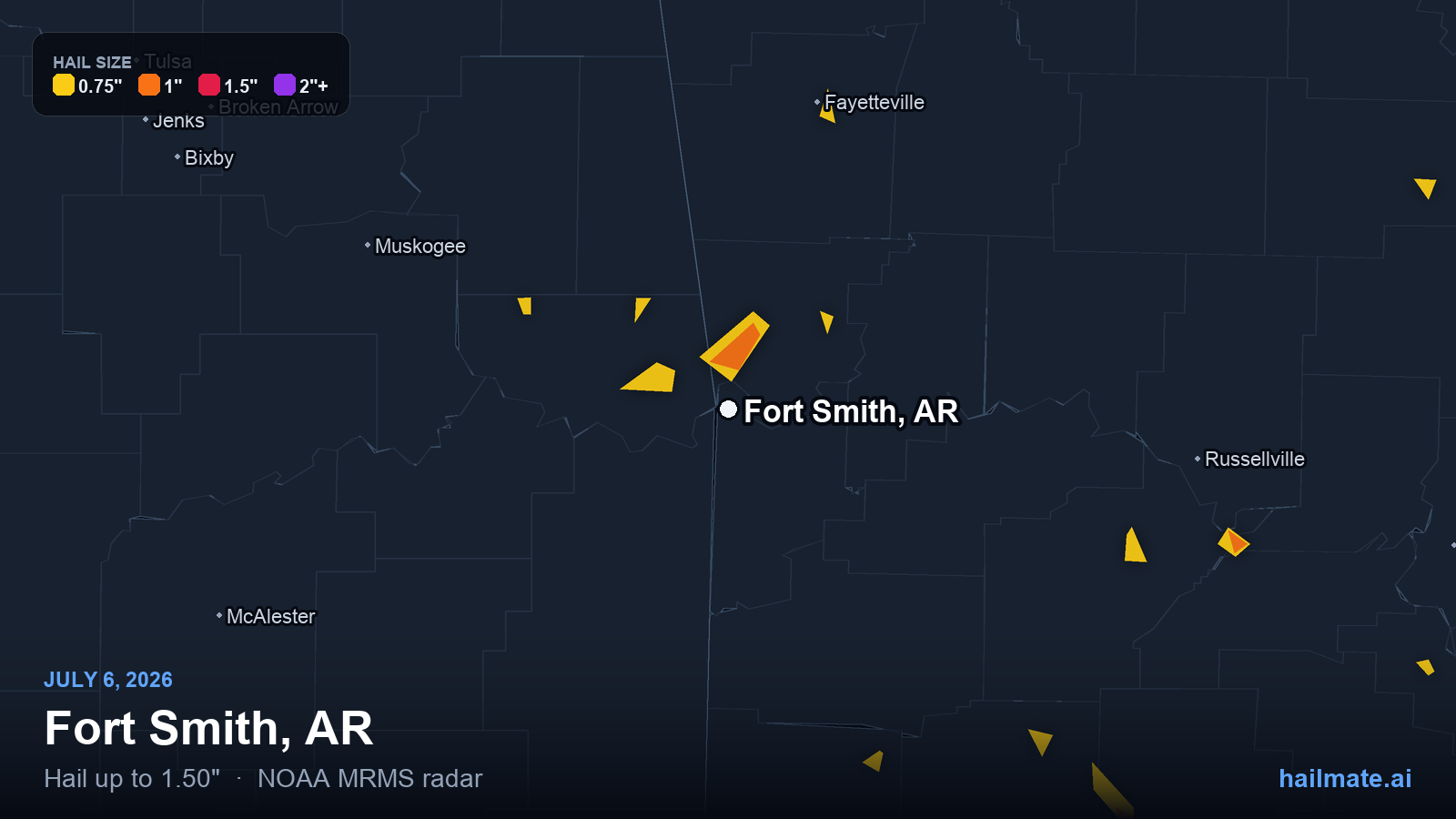 Hail swath map for Fort Smith, AR on July 6, 2026 showing 1.50 inch hail.