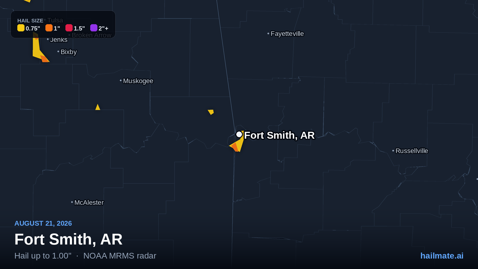 Hail swath map for Fort Smith, AR on August 21, 2026 showing 1.00 inch hail.