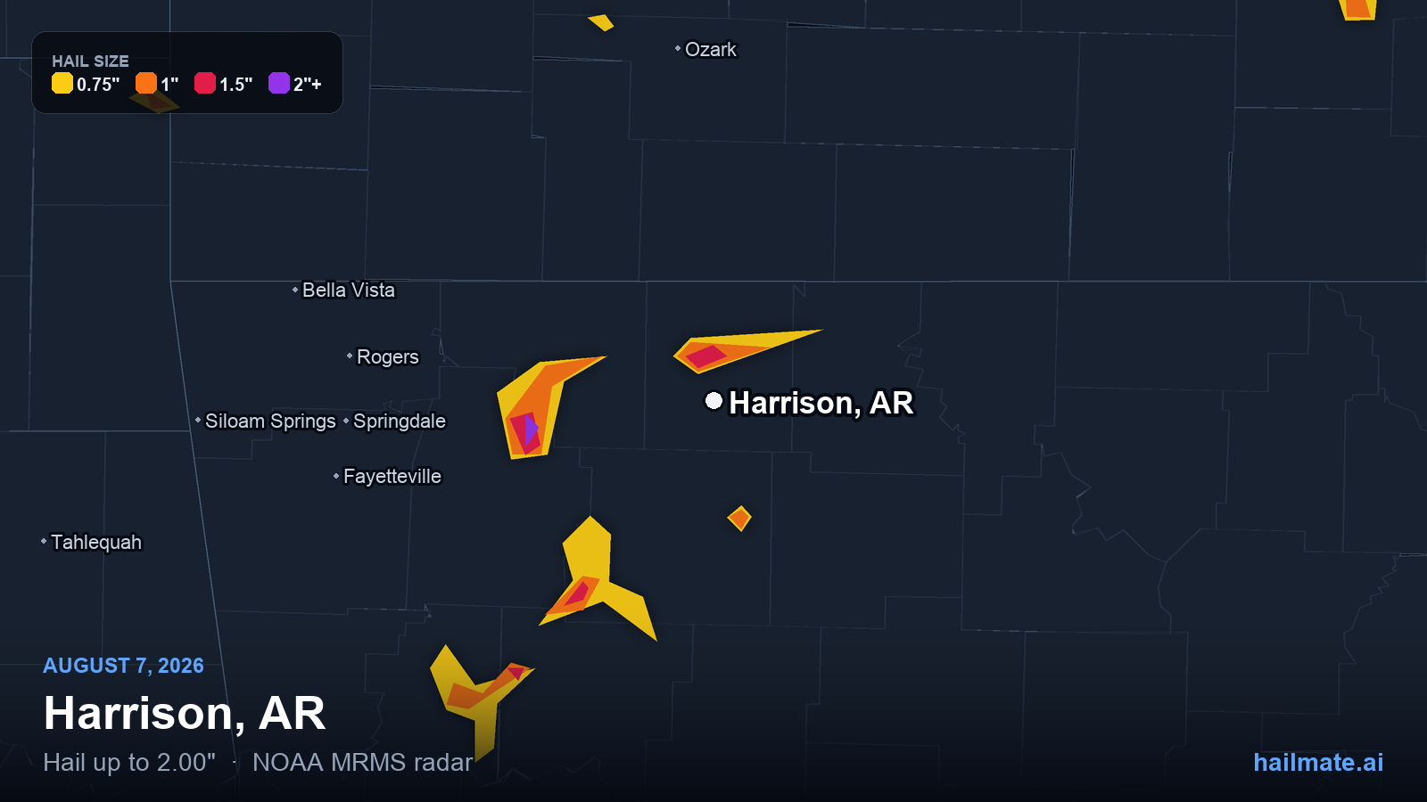 Hail swath map for Harrison, AR on August 7, 2026 showing 2.00 inch hail.