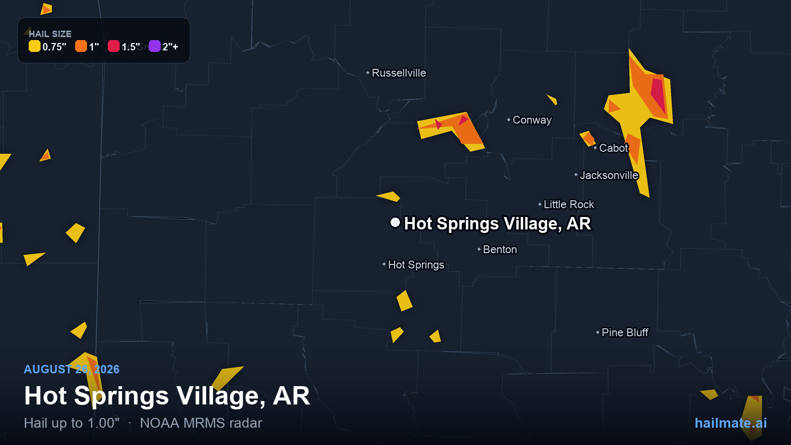 Hail swath map for Hot Springs Village, AR on August 26, 2026 showing 1.00 inch hail.