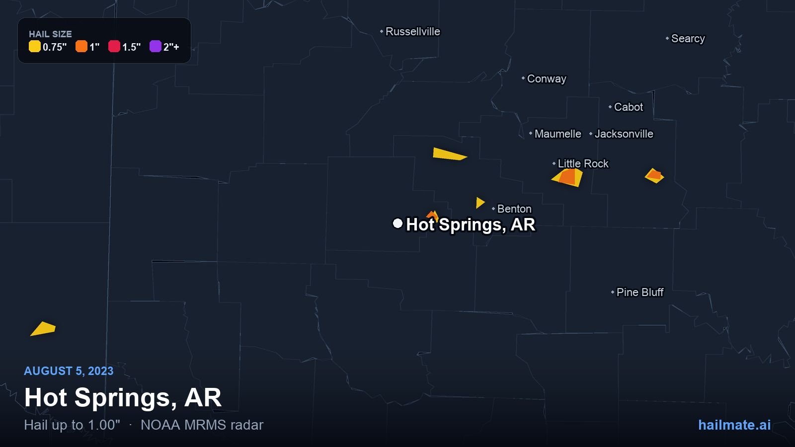Hail swath map for Hot Springs, AR on August 5, 2023 showing 1.00 inch hail.