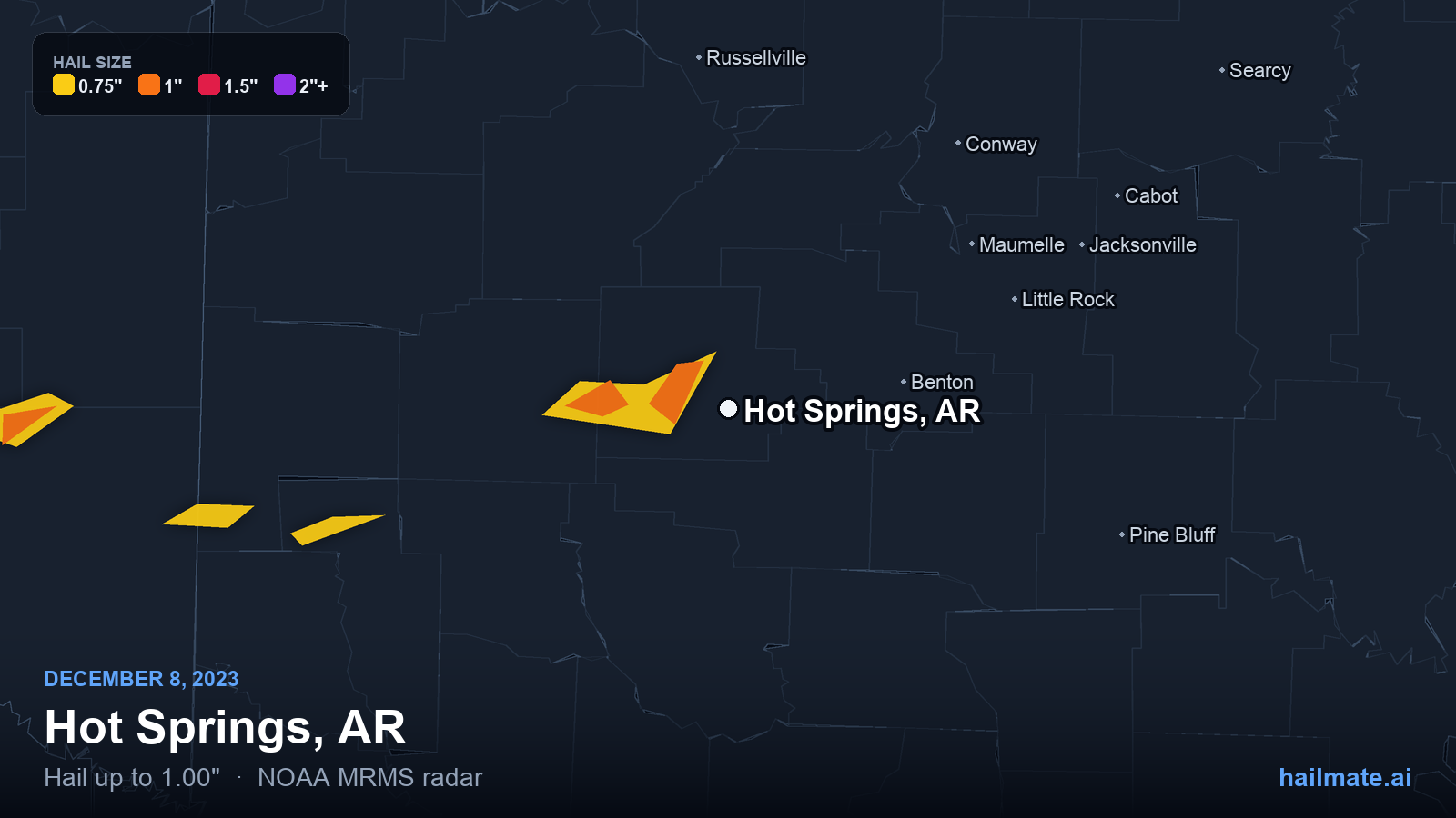 Hail swath map for Hot Springs, AR on December 8, 2023 showing 1.00 inch hail.
