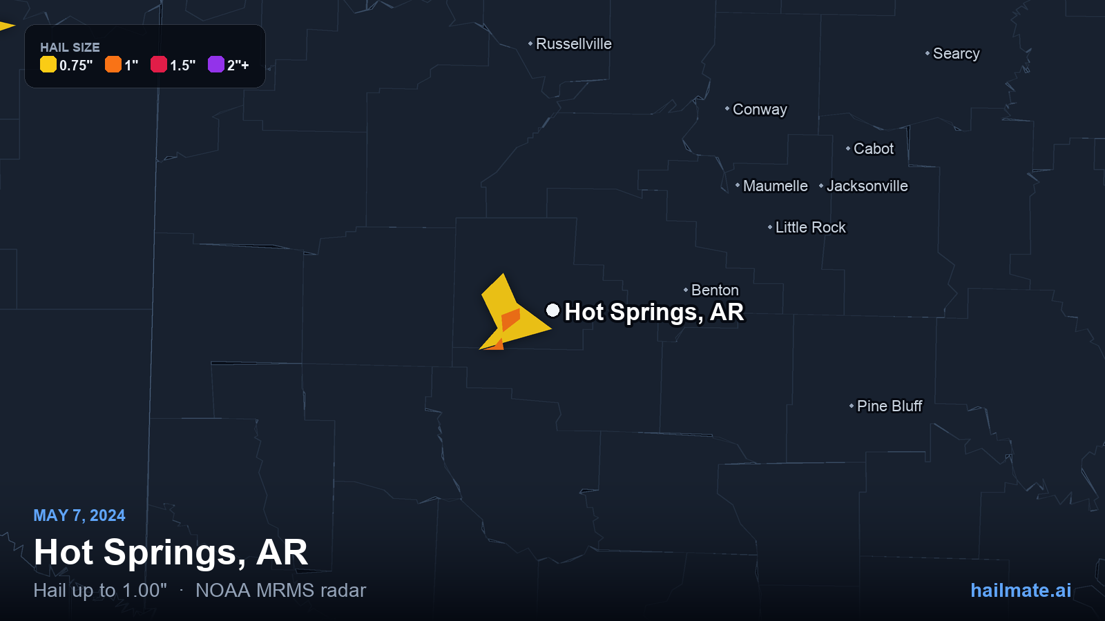 Hail swath map for Hot Springs, AR on May 7, 2024 showing 1.00 inch hail.