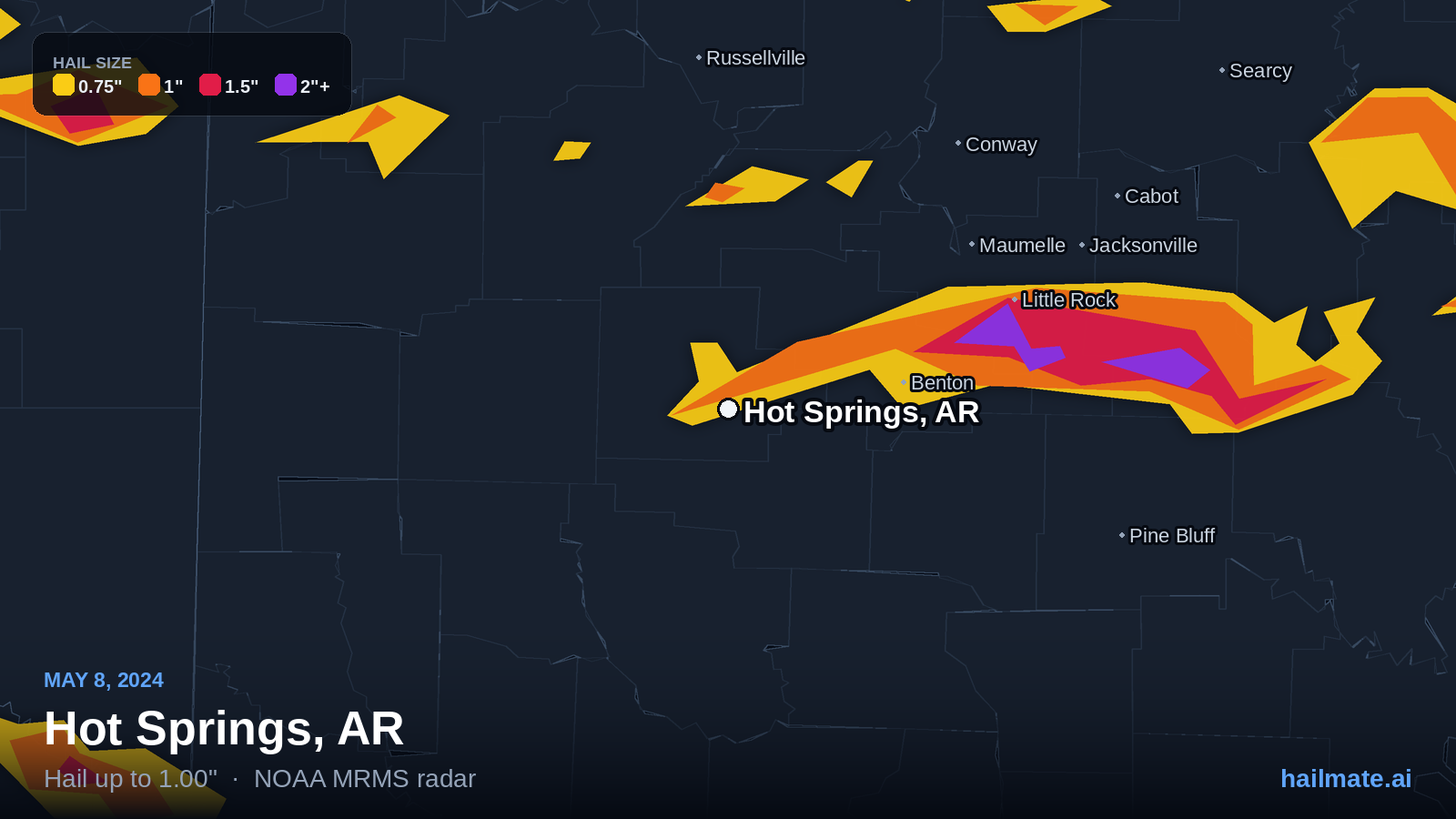 Hail swath map for Hot Springs, AR on May 8, 2024 showing 1.00 inch hail.