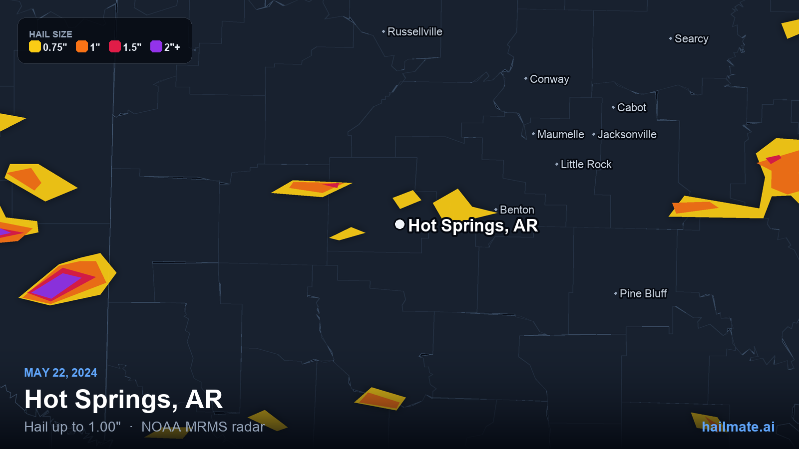 Hail swath map for Hot Springs, AR on May 22, 2024 showing 1.00 inch hail.