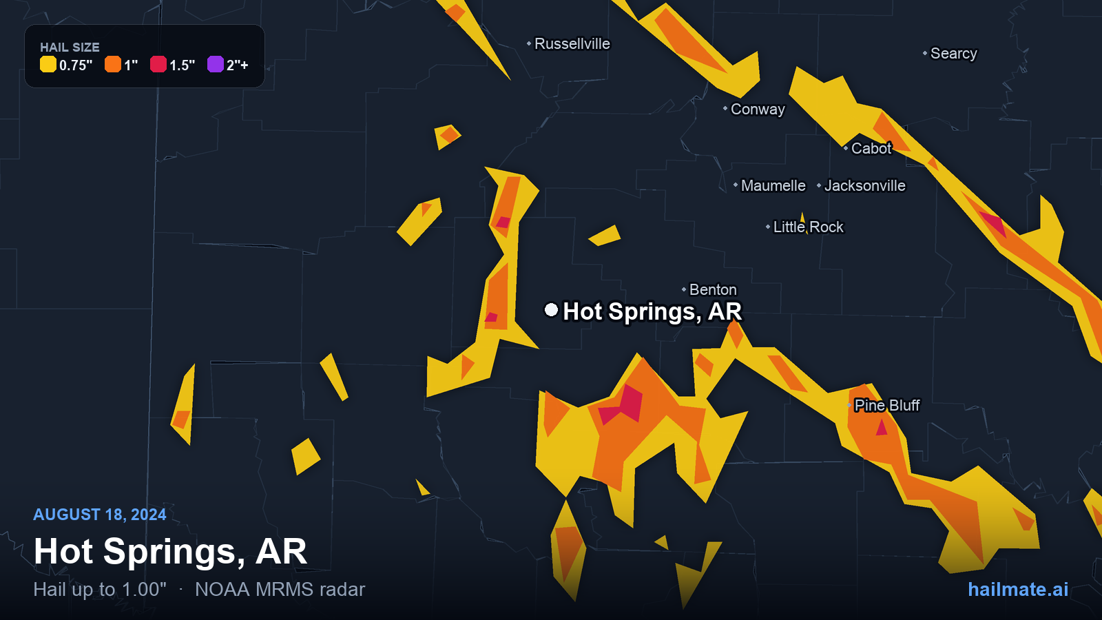 Hail swath map for Hot Springs, AR on August 18, 2024 showing 1.00 inch hail.