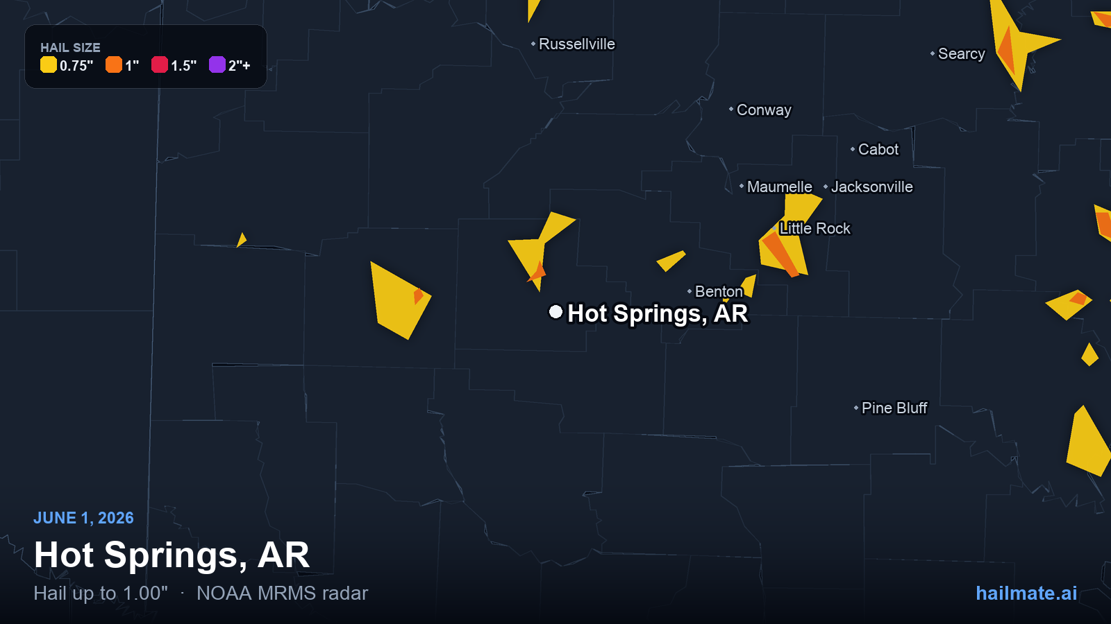 Hail swath map for Hot Springs, AR on June 1, 2026 showing 1.00 inch hail.