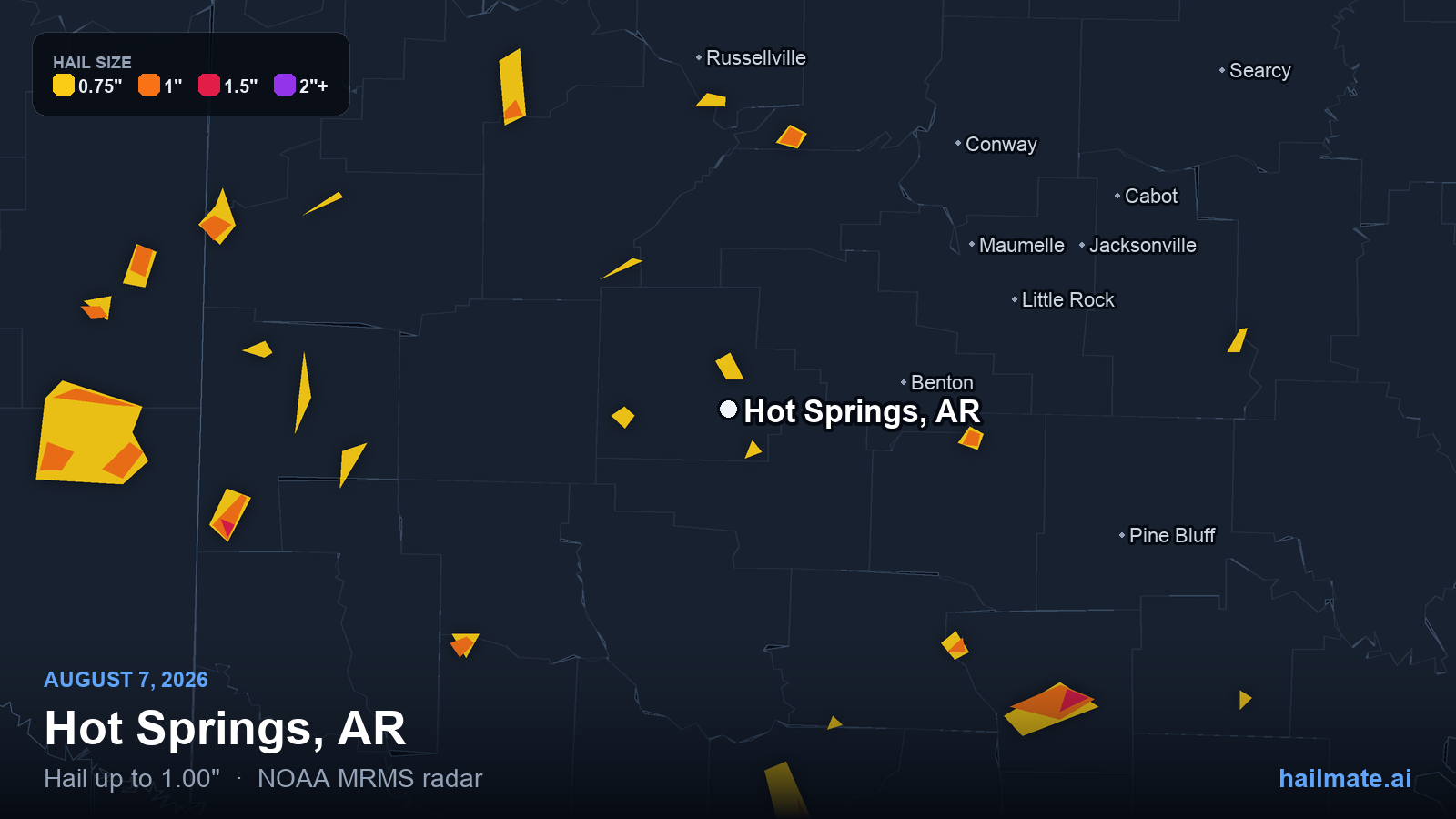 Hail swath map for Hot Springs, AR on August 7, 2026 showing 1.00 inch hail.