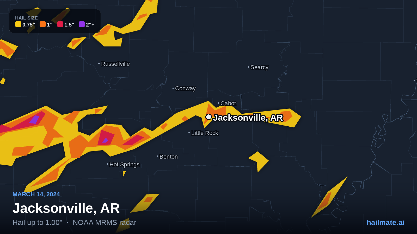 Hail swath map for Jacksonville, AR on March 14, 2024 showing 1.00 inch hail.