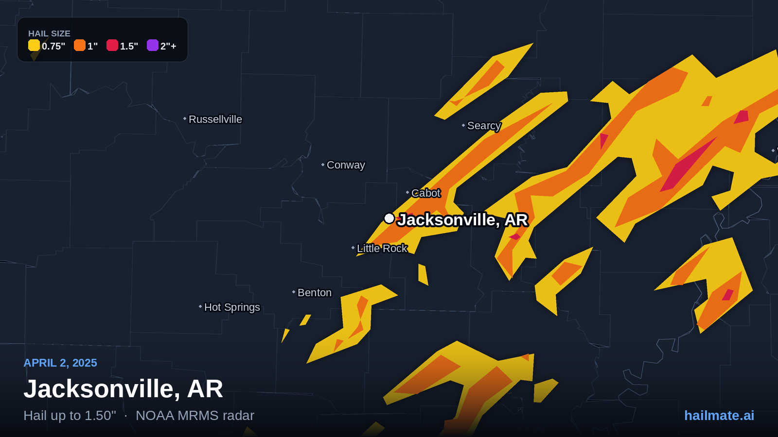 Hail swath map for Jacksonville, AR on April 2, 2025 showing 1.50 inch hail.