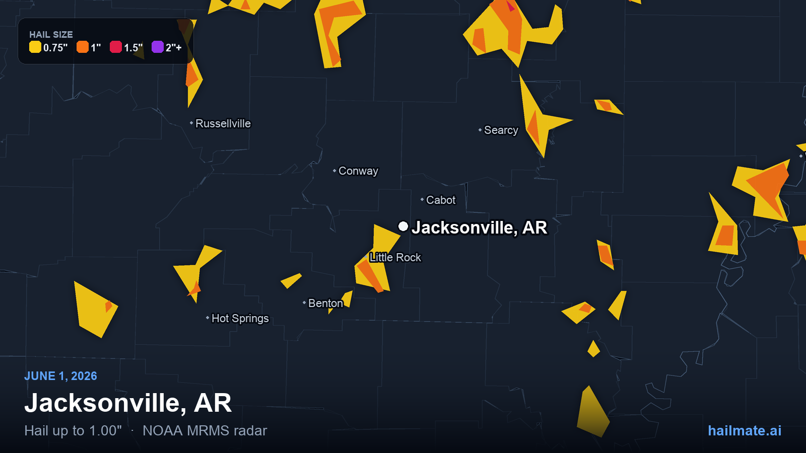 Hail swath map for Jacksonville, AR on June 1, 2026 showing 1.00 inch hail.