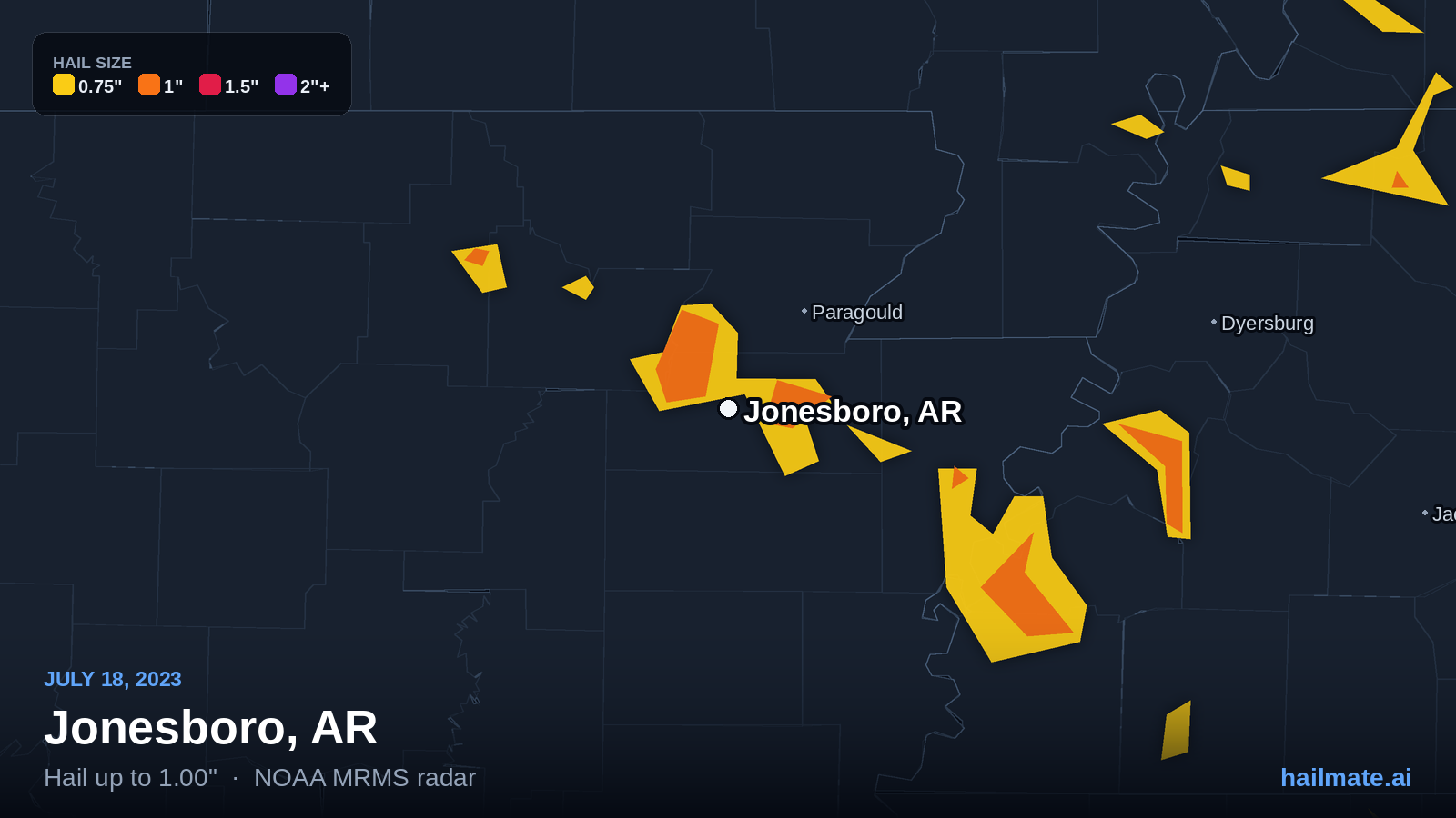 Hail swath map for Jonesboro, AR on July 18, 2023 showing 1.00 inch hail.