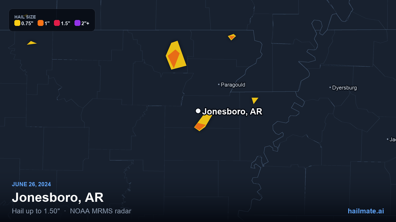 Hail swath map for Jonesboro, AR on June 26, 2024 showing 1.50 inch hail.