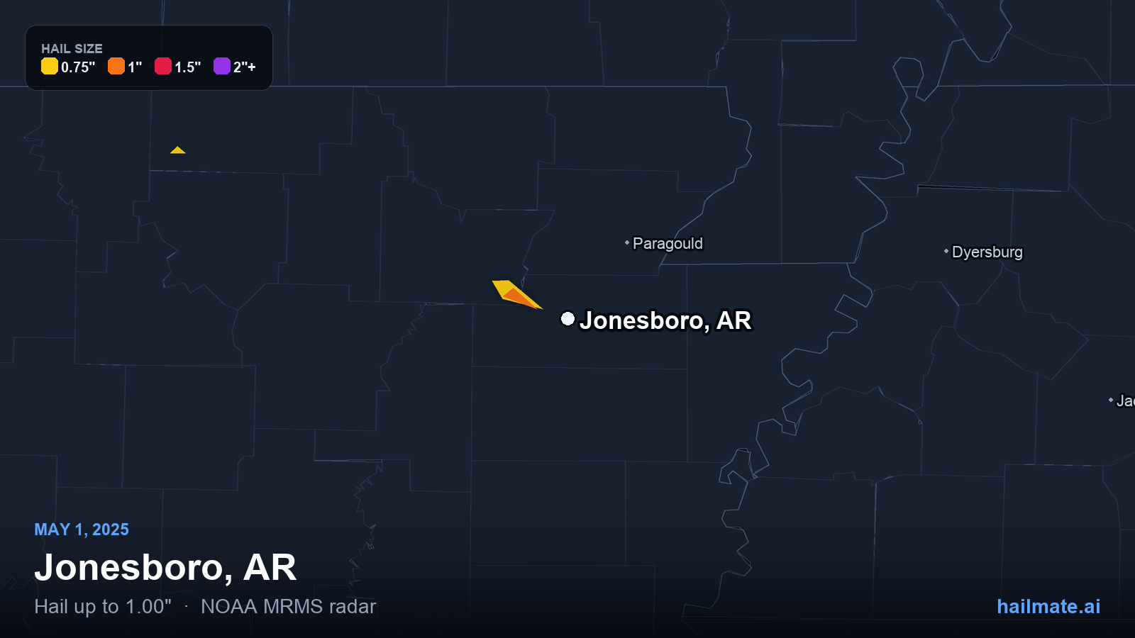 Hail swath map for Jonesboro, AR on May 1, 2025 showing 1.00 inch hail.