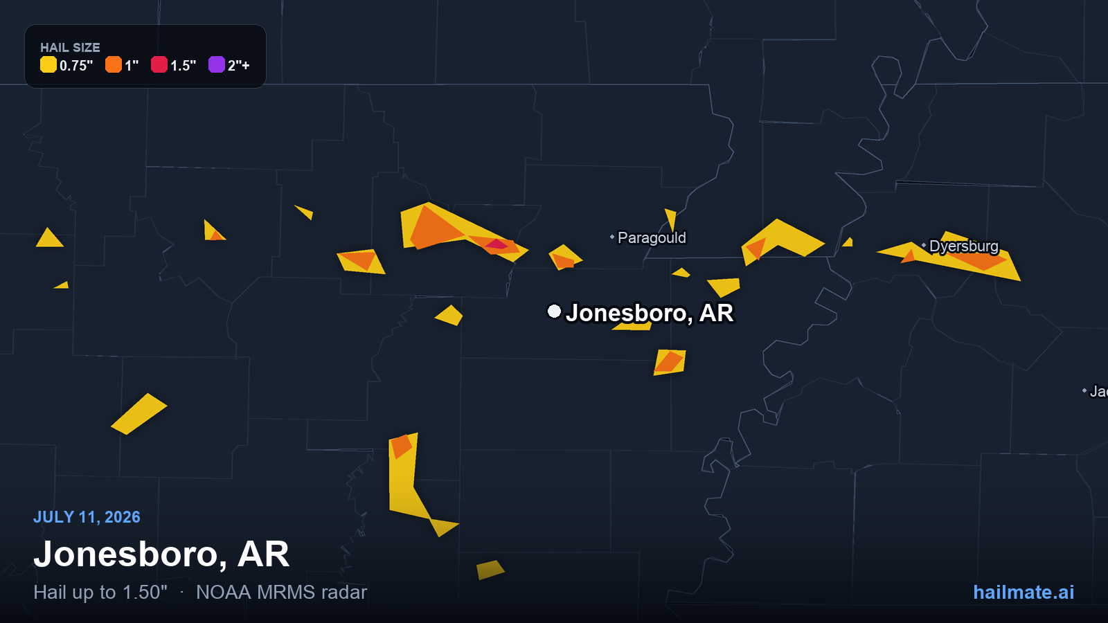 Hail swath map for Jonesboro, AR on July 11, 2026 showing 1.50 inch hail.