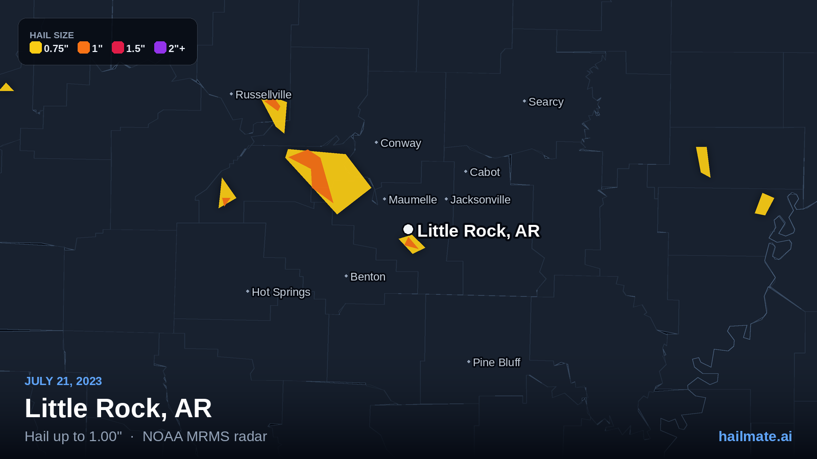 Hail swath map for Little Rock, AR on July 21, 2023 showing 1.00 inch hail.