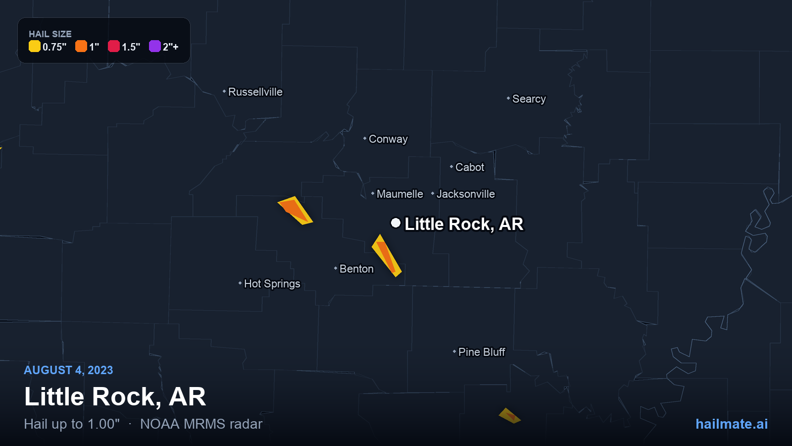 Hail swath map for Little Rock, AR on August 4, 2023 showing 1.00 inch hail.