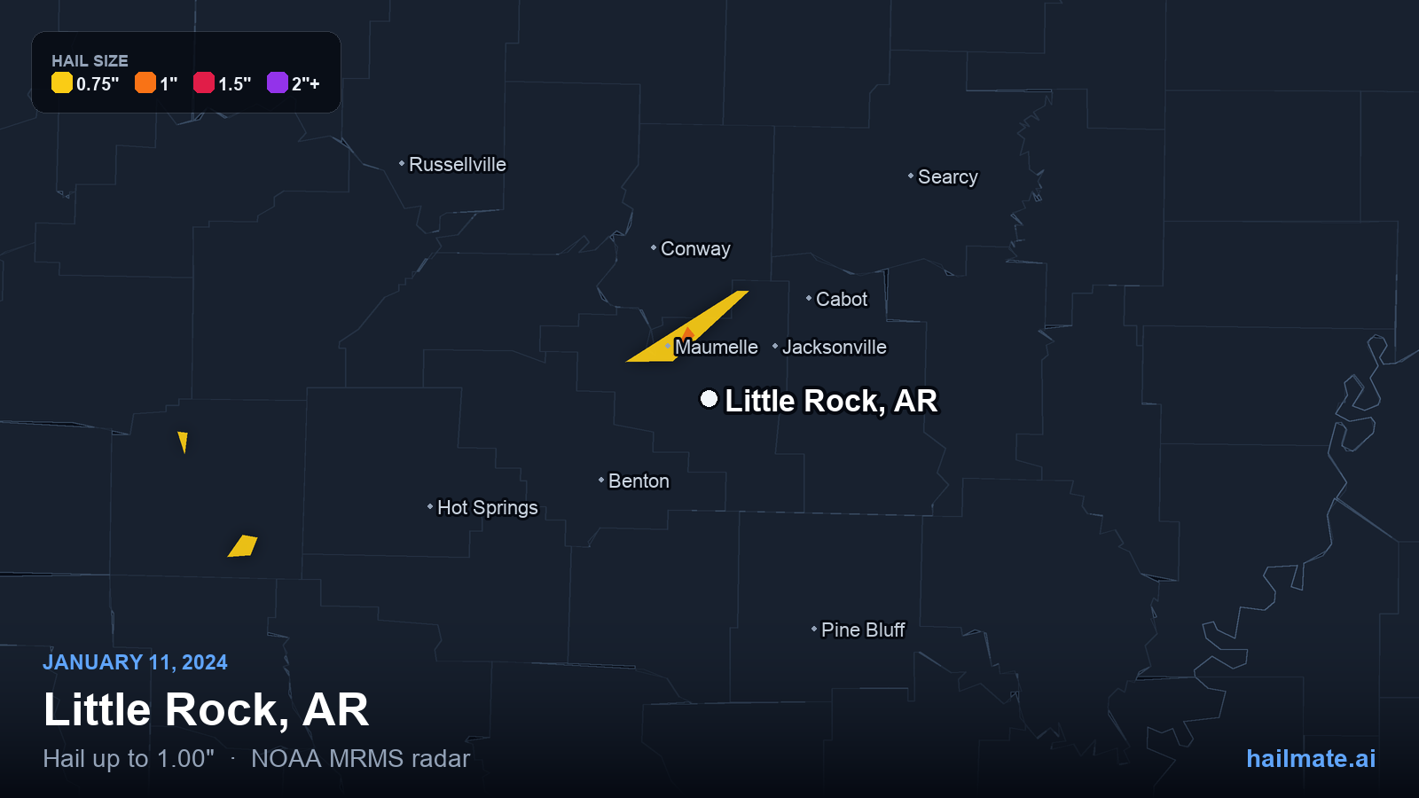 Hail swath map for Little Rock, AR on January 11, 2024 showing 1.00 inch hail.